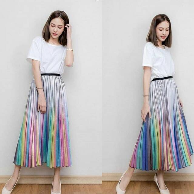 Rok Satin Plisket Pelangi, Bahan Saten Import