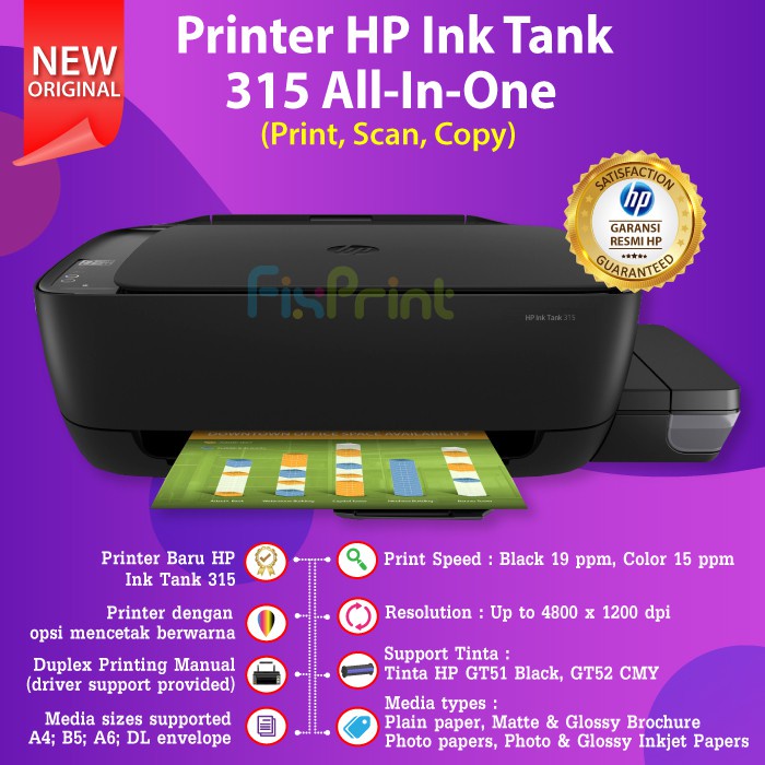 Printer Ink Tank HP 315 Print Scan Copy Infus Pabrik Resmi Tinta GT51 Black GT52 Cyan Magenta Yellow