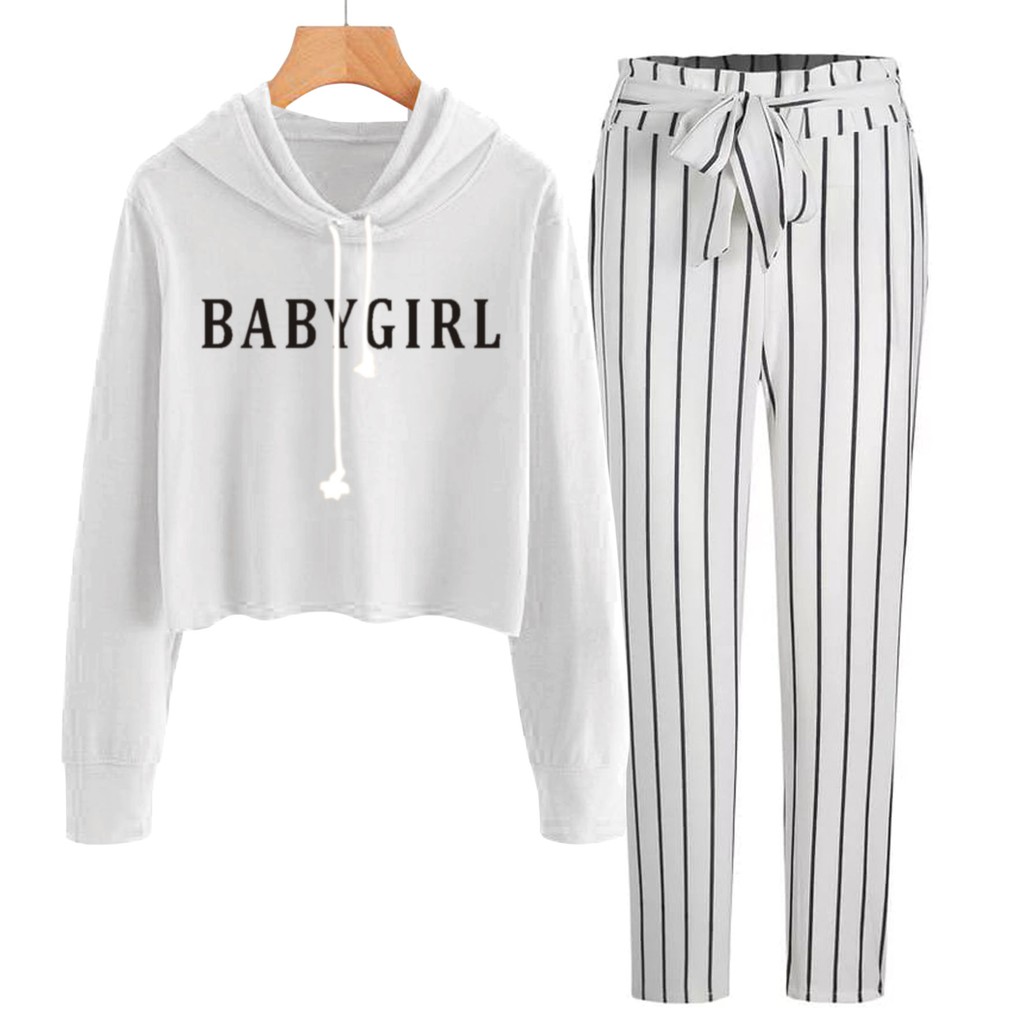 BESS - Baju Setelan Wanita Murah / Setelan Hoodie Crop + Celana Salur Putih - BABYGIRL