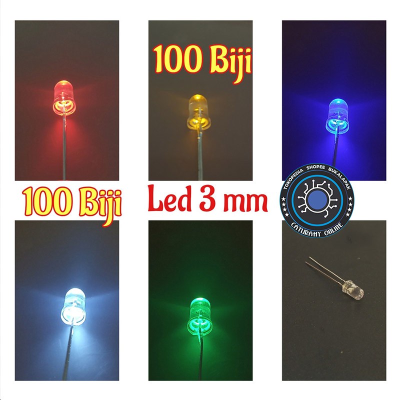 Led clear putih 3 mm nyala merah biru Kuning hijau putih100 biji 3mm