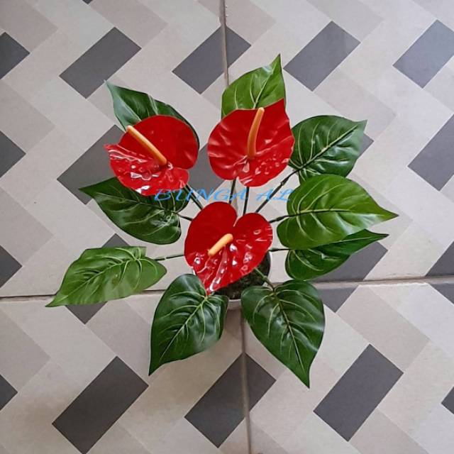 (BARU) ANTHURIUM MERAH BUNGA PLASTIK IMITASI PALSU BK3-4