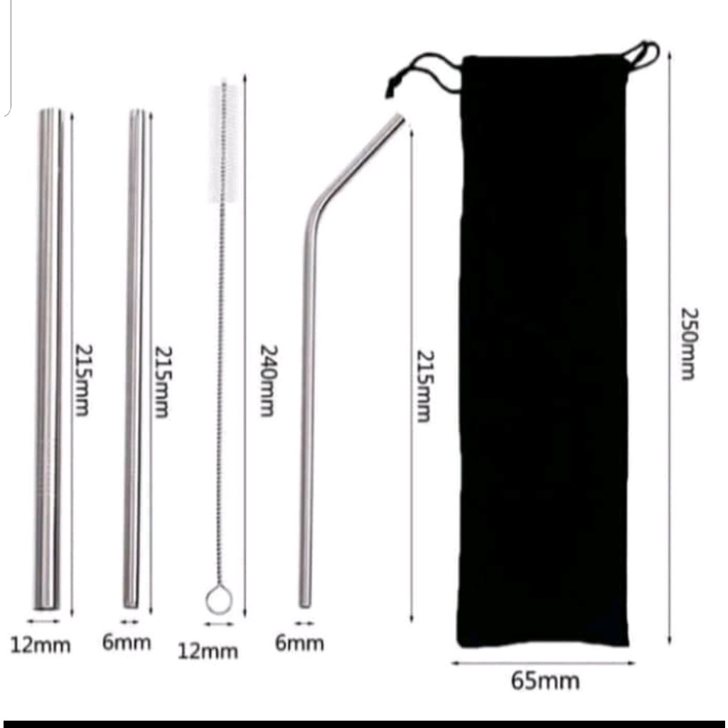 Sedotan Stainless Steel  Stainless Steel Straw Set 5 GOOD QUALITY - Pouch Hitam