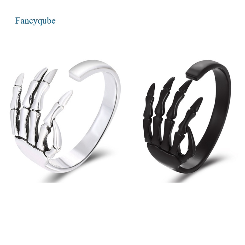 Fancyqube Cincin Sterling Silver 925 Desain Kerangka Tangan Gaya Punk Rock Vintage Untuk Wanita