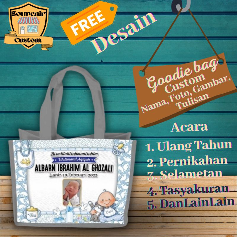 

Tas Goodie bag Custom Nama Foto Tulisan Gambar Sovenir Acara Tasyakuran Aqiqah Ulang Tahun Happy Wedding Pernikahan Khitanan Terlaris Terlaku Harga Murah