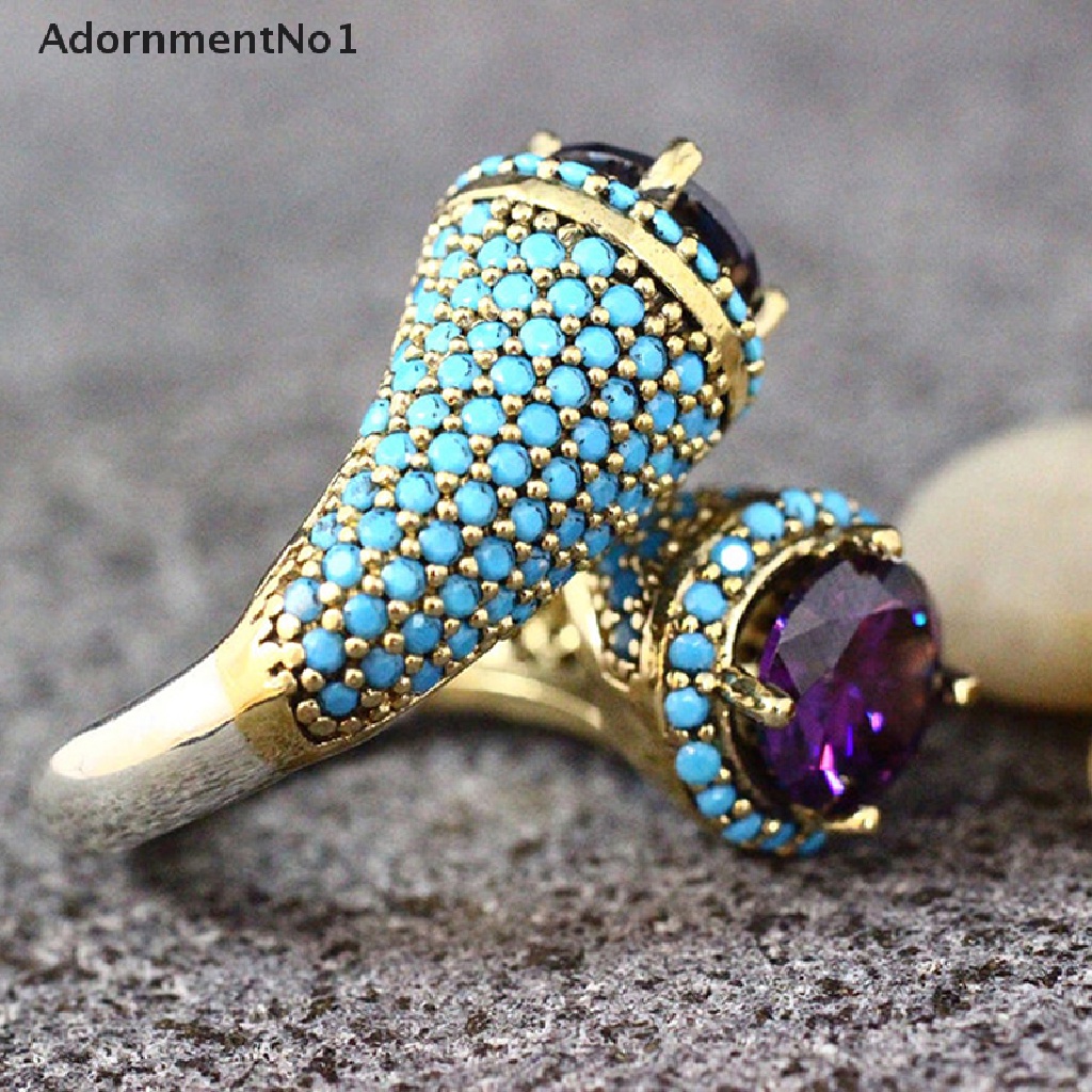 (AdornmentNo1) Cincin Terbuka Gaya Retro Aksen Batu Turquoise + Zircon Ungu Untuk Perhiasan Wanita