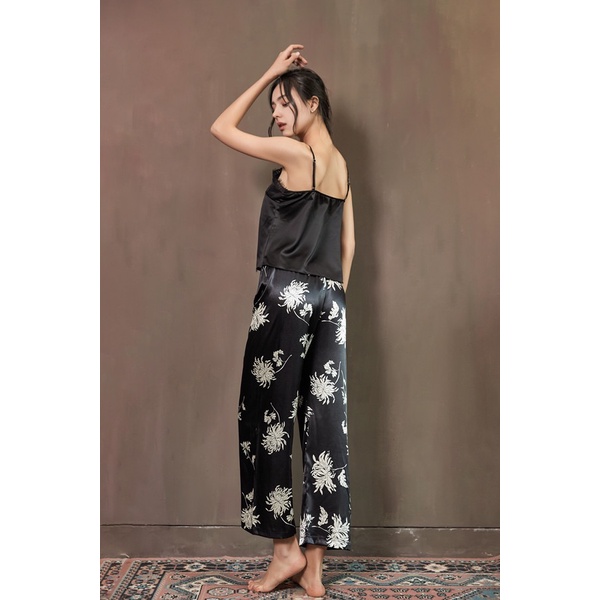 Baju Tidur French Santai Wanita Celana Panjanh Satin Halus Set