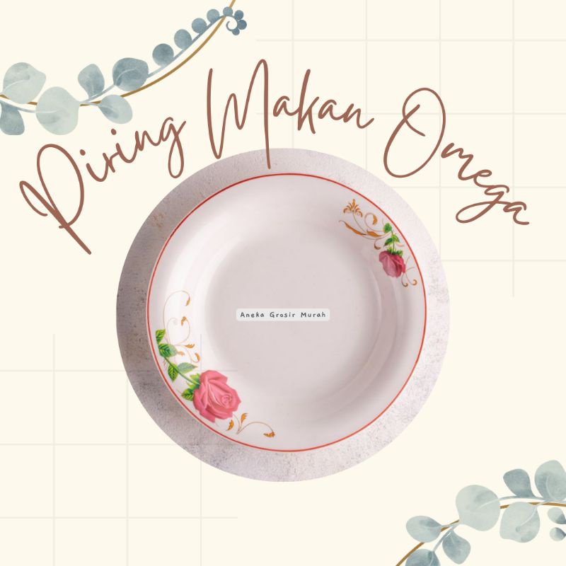 Piring makan keramik omega  9.25“ motif rose pink / rose 2