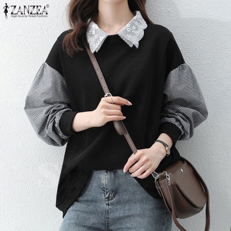 ZANZEA Women Puff Sleeved Plus Size Loose Sweatshirts Elegant Patchwork Blouse