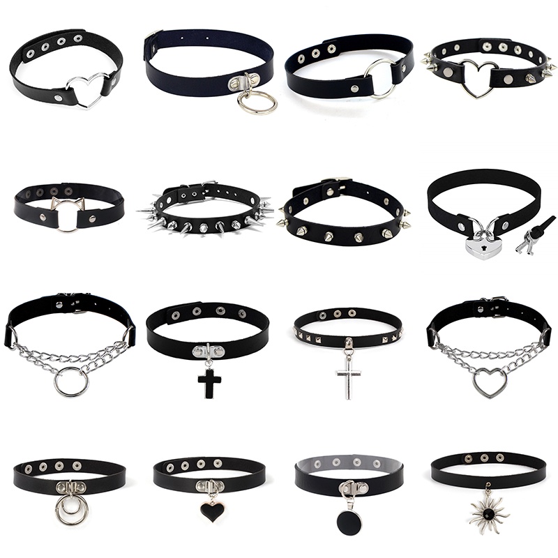 Kalung Choker Bahan Kulit Warna Hitam Gaya Gothic Rock Kpop Punk Untuk Wanita