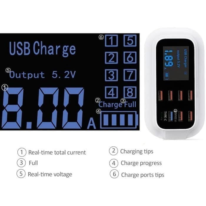 Smart Fast Charging 8 Port charger USB Led Display with 1 Type C Port