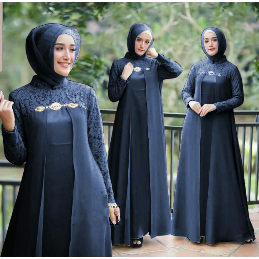 Elena Gamis Pesta Brukat/ Gamis Seragam/ Gamis Remaja Dewasa/ Fashion Muslim Wanita Premium - Size M L XL XXL Jumbo-Navy