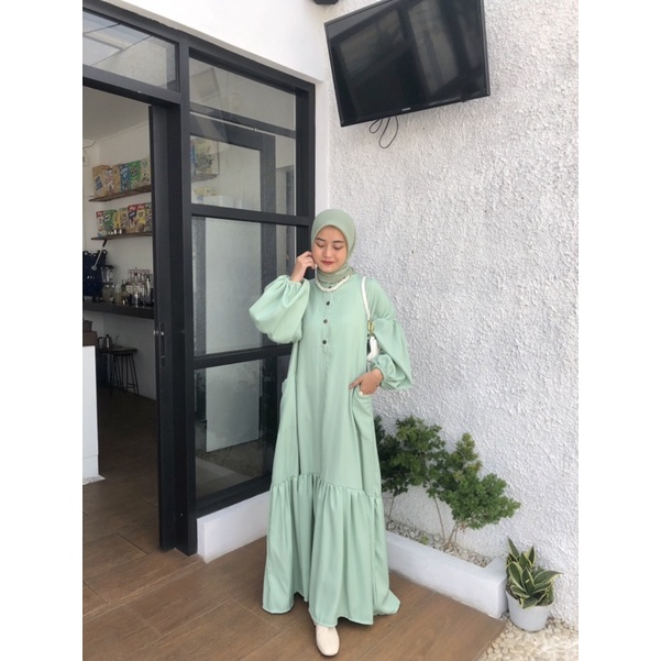 [COD] Aurelie Dress Varian Melon | Fashion Muslim Gamis Kondangan OOTD | Casual Outfit Muslimah | Dress Muslimah Bahan Shakila Premium