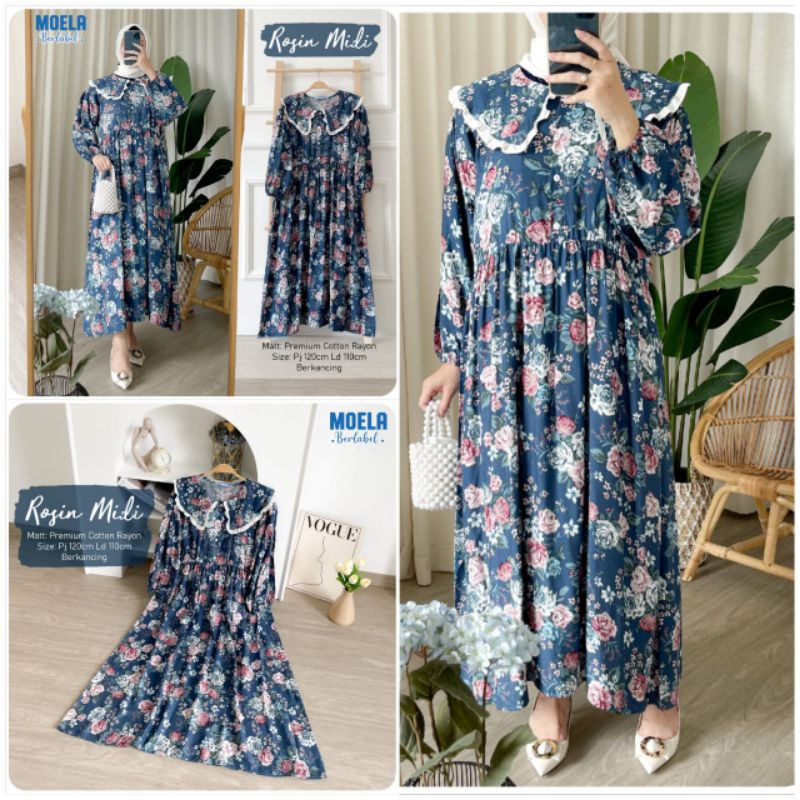 MIDI DRES KERAH BAHAN KATUN RAYON || Rosin Midi Ori By MOELA