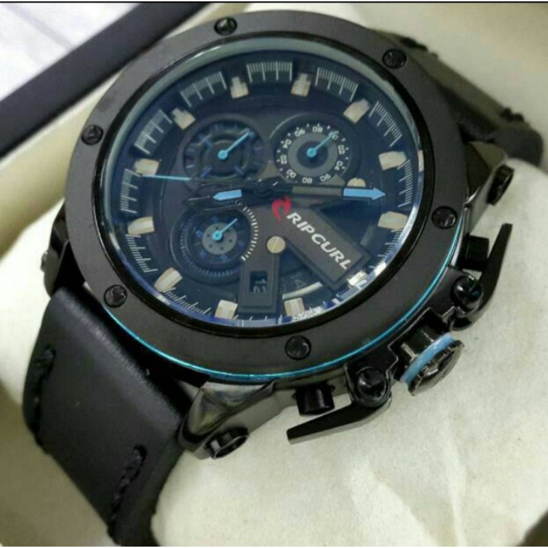Jam Tangan Pria Ripcurl Kulit 92 Chrono Tanggal Aktif - Free Box Batre Cadangan Original Mesin Matic
