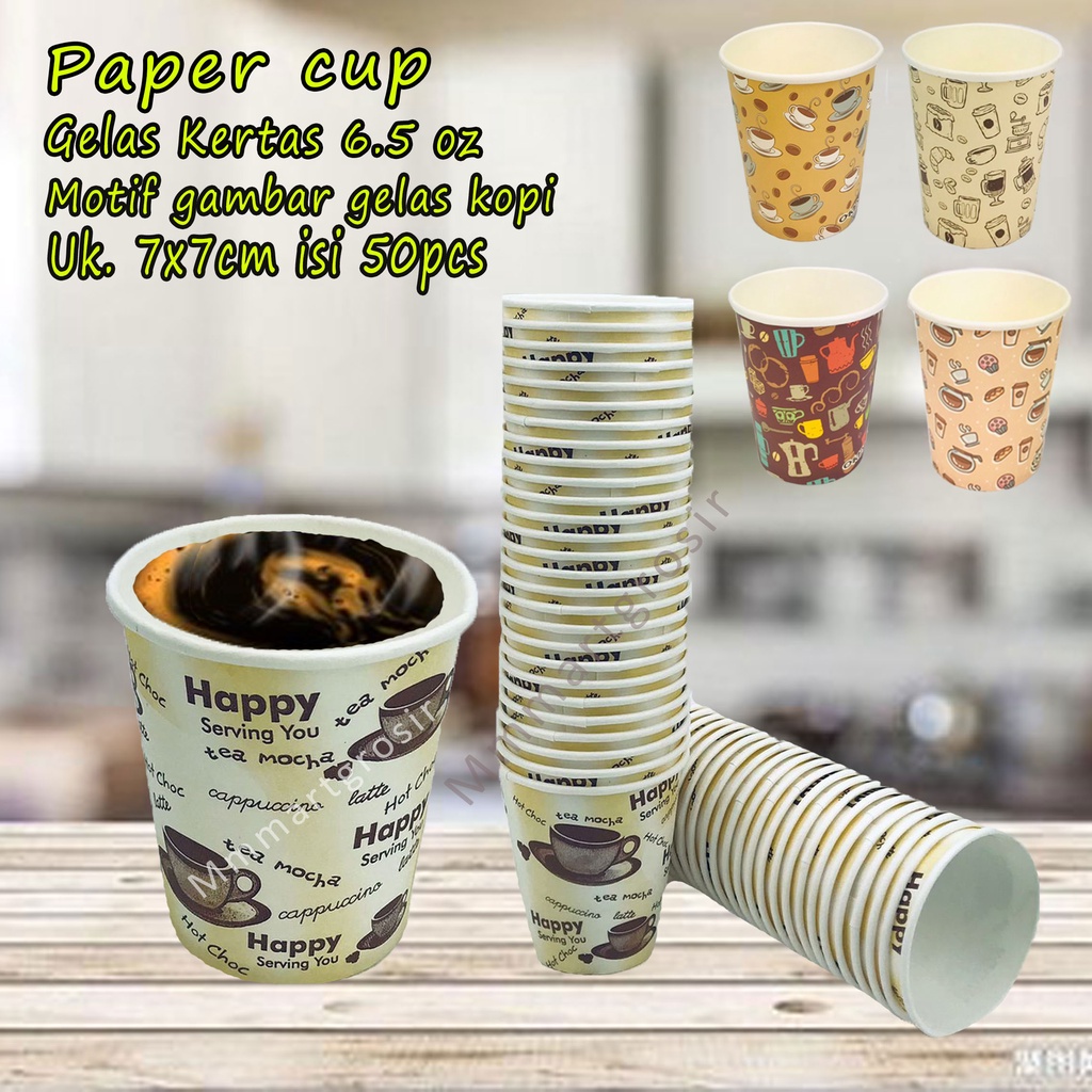 Paper cup / Gelas Kertas / Motif gambar gelas kopi / Isi 50pcs 6.5 oz