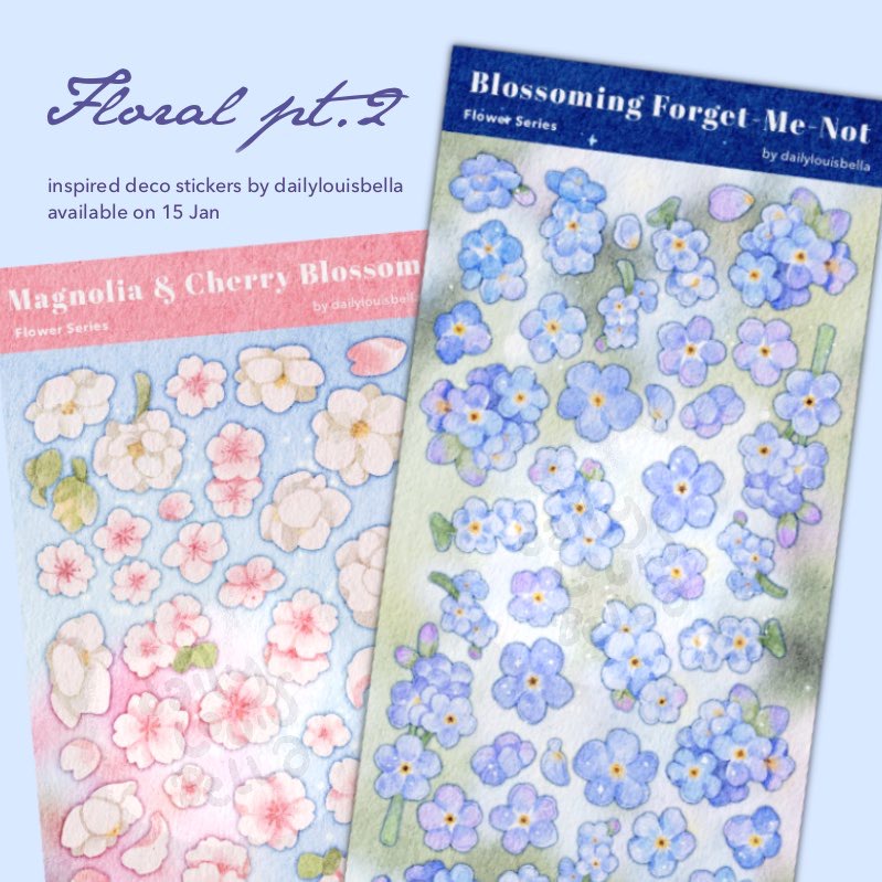 

Flower Series 2 Glitter Deco Sticker - Forget Me Not & Cherry Blossom