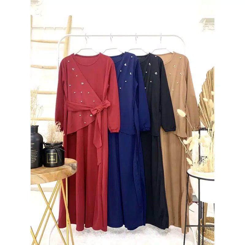 Gamis mutiara tali pinggang pita motif polos bahan voxy merk cocobee (718)