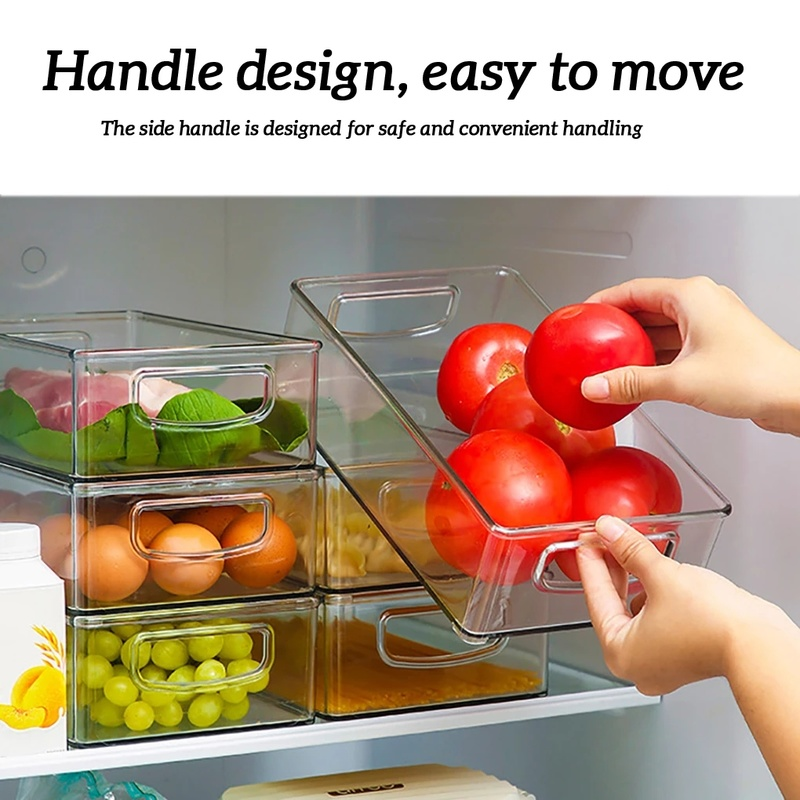 Clear Refrigerator Organizer Stackable Boxes, Kitchen Organizers with Cutout Clear Plastic Handle Pantry Food Storage