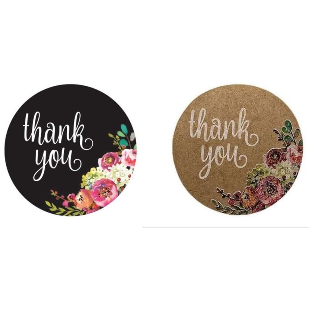 Paper Tags - 1&quot; Floral Round Kraft &quot;Thank You&quot; Sticker #01 (10 Pcs)