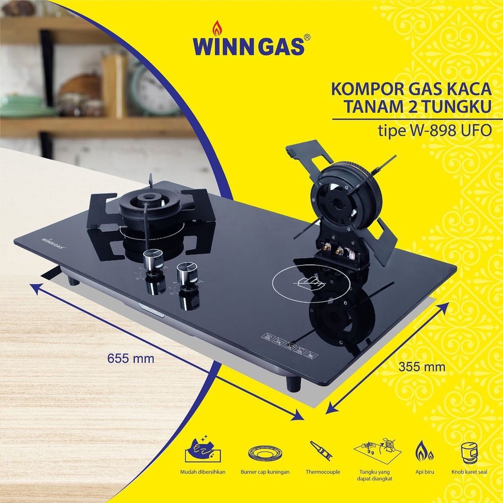 Winn Gas Kompor Tanam 2 Tungku W 898 UFO &amp; Paket Kompor Selang Regulator W88/W900