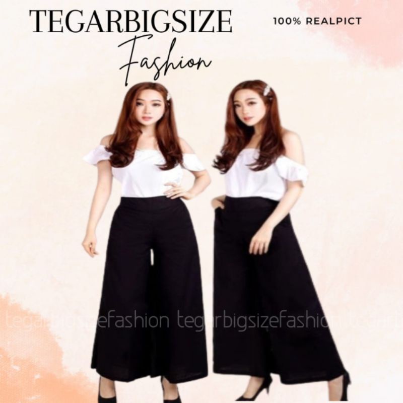 Celana Panjang Wanita Hitam Polos Bahan Katun Celana Kerja Kulot Basic Pinggang Karet