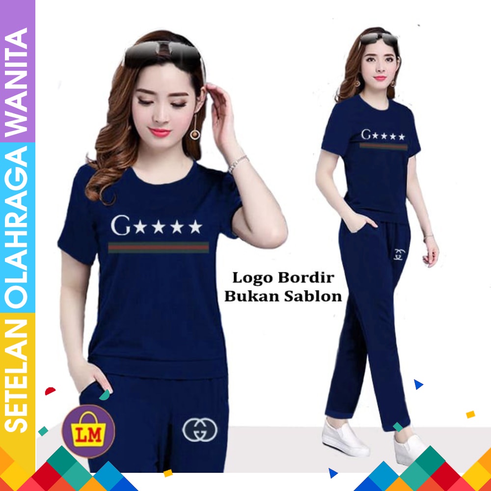 Setelan senam muslim premium bahan squba navy lis putih Baju senam olahraga fitness zumba aerobik