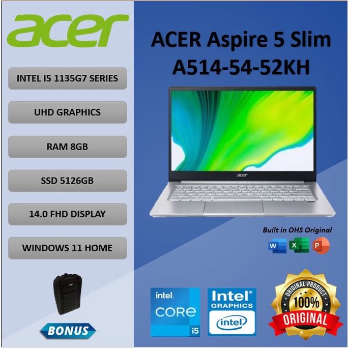 LAPTOP ACER Aspire 5 Slim A514-54-52KH i5-1135G78GB 512GB Win11+OHS