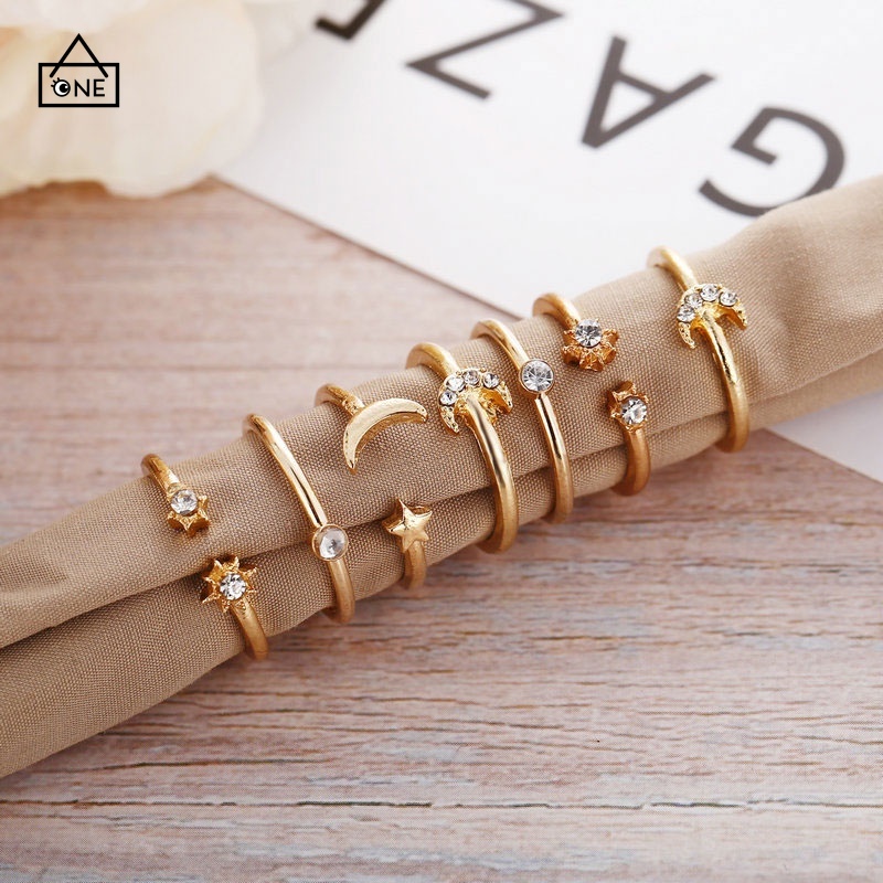 COD❤7 Piece Cincin Set Kupu-kupu Bintang Bulan Korea Retro Bohemian Mewah Pernikahan  Aksesoris A one