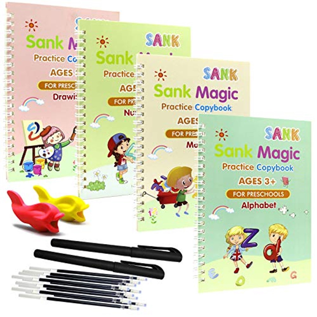 

4 BUKU PENA /SET MAGIC PRACTICE BOOK / SANK MAGIC BOOK / Belajar Alfabet Membaca Lukisan Aritmatika Matematika Anak Tulisan Tangan Praktek