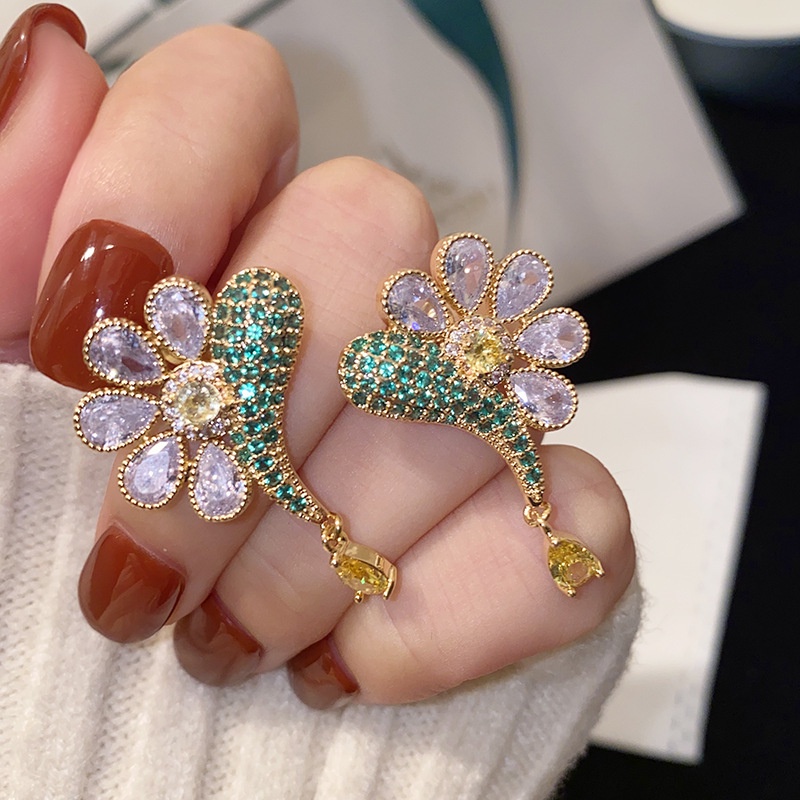 Fashion Flower Fish-Shaped Stud Earrings Full Diamond Luxury Temperament Stud Earrings