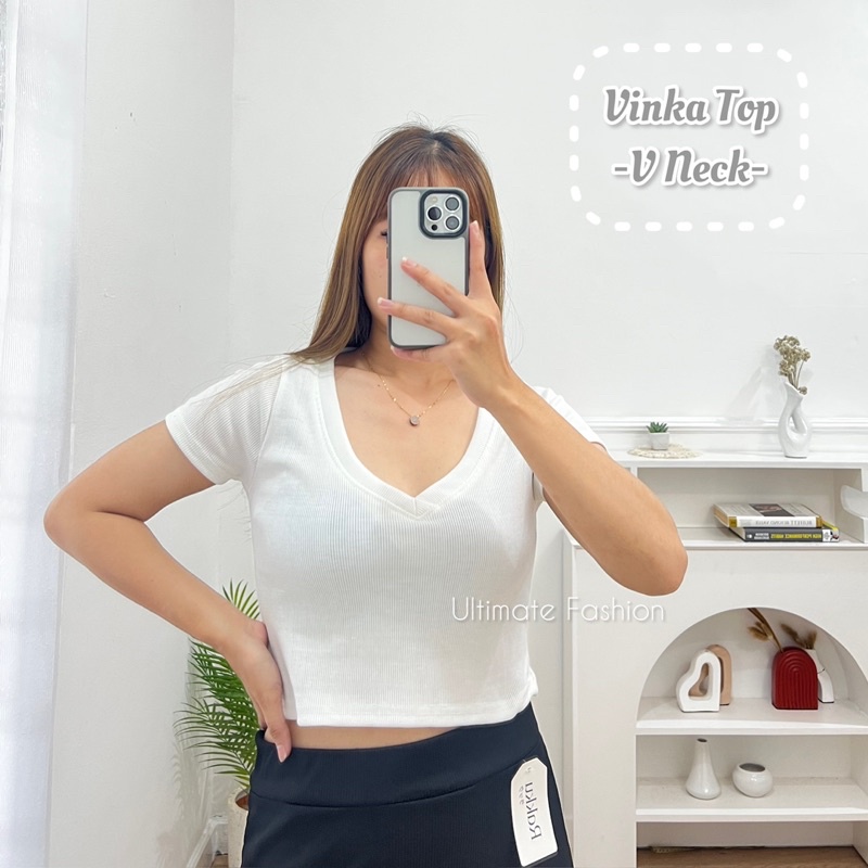 Vinka Top V Neck - Crop Rib Import - Atasan Wanita 182