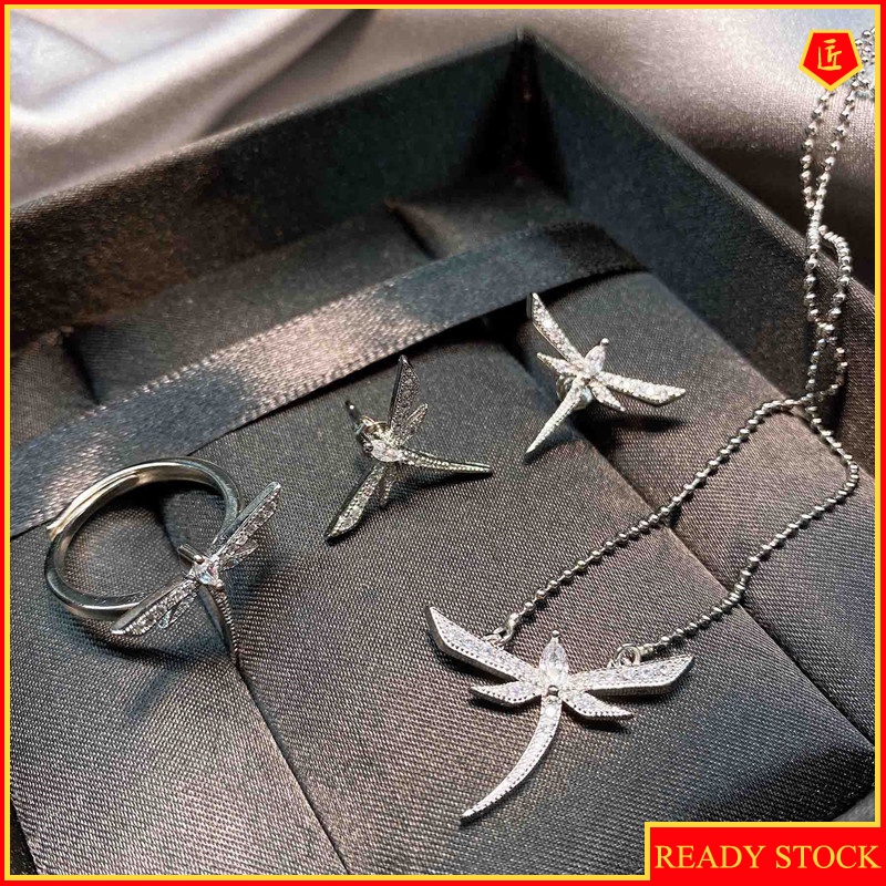 [Ready Stock]Temperament Luxury Dragonfly Necklace Ring Earrings Set