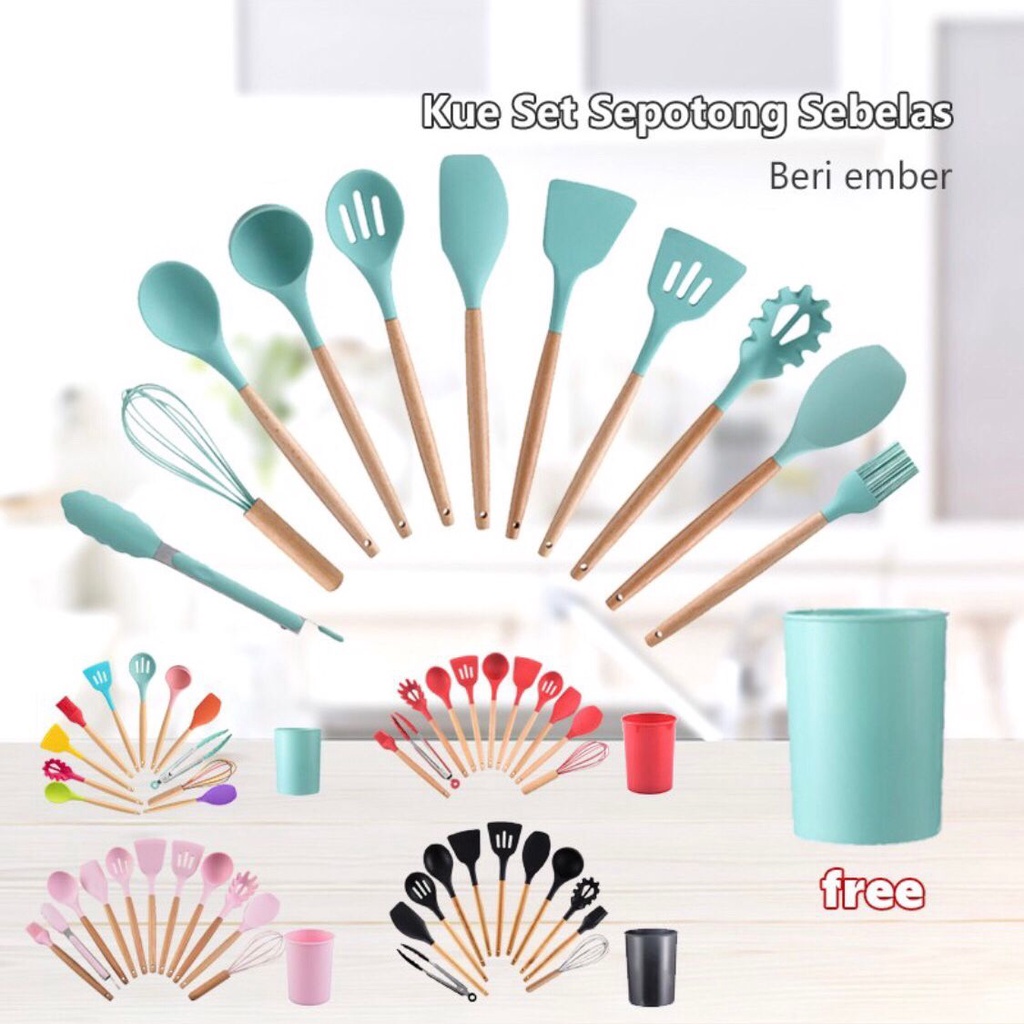 NEEDED.ID JKT | Peralatan Masak Spatula Silikon Set 12Pcs Silicone Utensil Spatula Sutil Kitchen Set Free Wadah