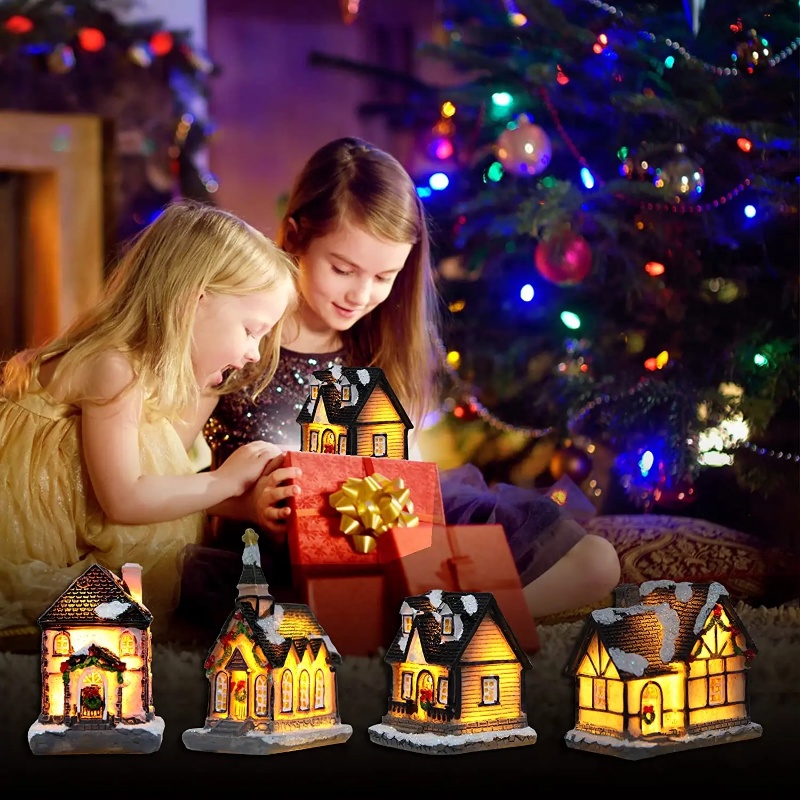 Lampu LED Luminous Bentuk Rumah Kecil Bahan Resin Untuk Dekorasi Natal