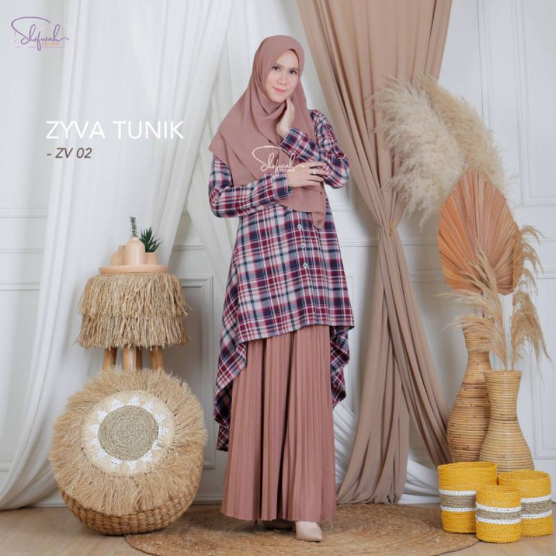 Atasan wanita Zyva tunik size S-L ori Shofwah bahan flannel milda import nyaman dipakai