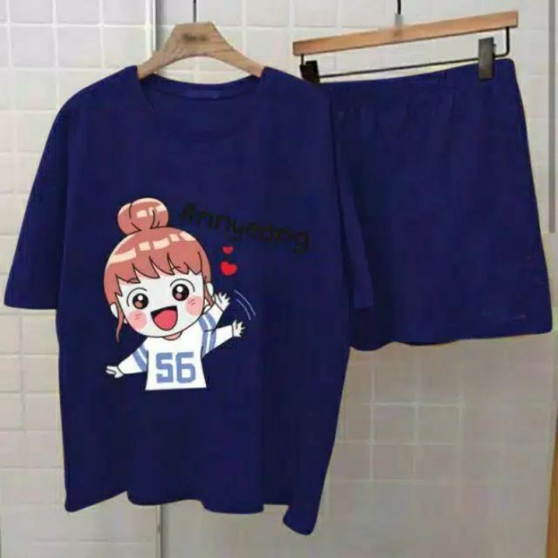 SETELAN WANITA CELANA PENDEK + KAOS ANNYEONG