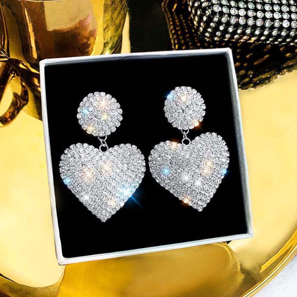 Rebuy Stud Earrings Pesta Pernikahan Fashion Temperamen Aksesoris Cinta Hati Penuh Berlian Imitasi Hadiah Untuk Wanita Shiny Menjuntai Earring