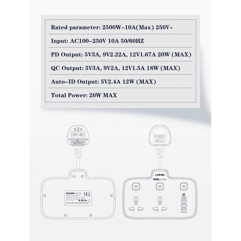 Stop Kontak LDNIO SC2413 2 Socket 3 USB 1 Fast Charging QC 1 Type C PD