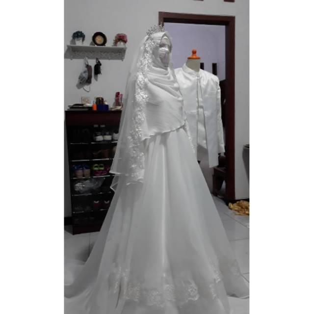 Gaun pengantin muslimah syar'i akad putih gaun walimah coupple wedding dress muslimah syari'i