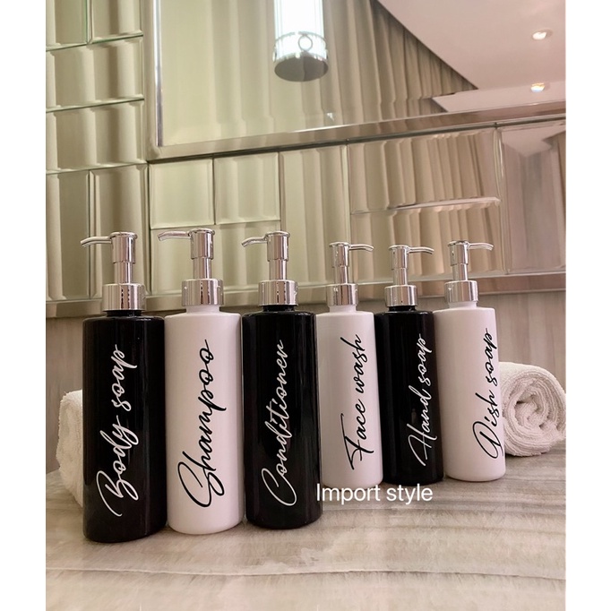 botol 250ml LONG , HITAM PUTIH stiker SILVER LUXURY . aesthetic bottle minimalist refill organizer tempat sabun cair pump estetik