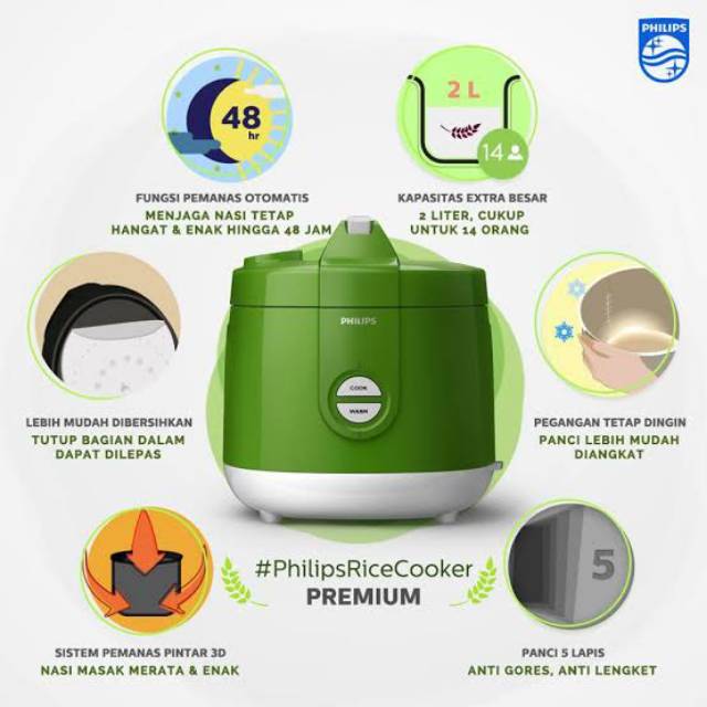 PHILIPS Rice Cooker 2 L HD3131/31/32/33 Premium