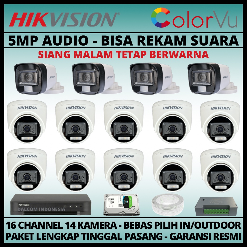 PAKET CCTV HIKVISION COLORVU 5MP 16 CHANNEL 14 KAMERA COLORFUL