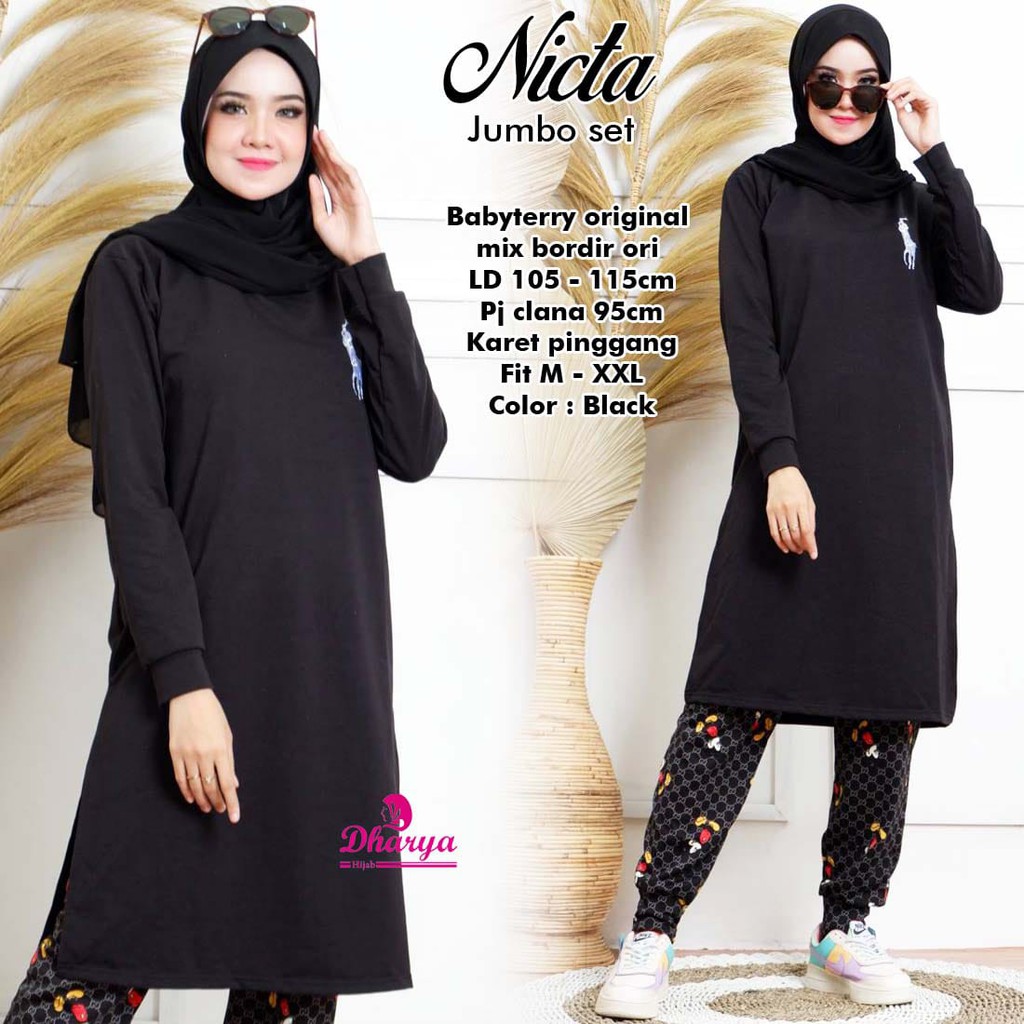 NICTA JUMBO SET. Baju Tunik Kaos Atasan Bawahan Celana Wanita Muslim DHARYA Murah. Cantik, Adem