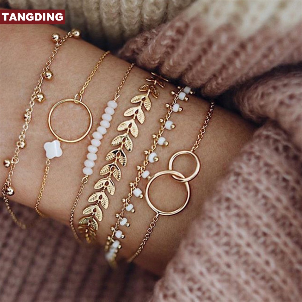 【COD Tangding】6pcs/set Geometric Leaf Beaded Bracelet Fashion Accessories Jewelry