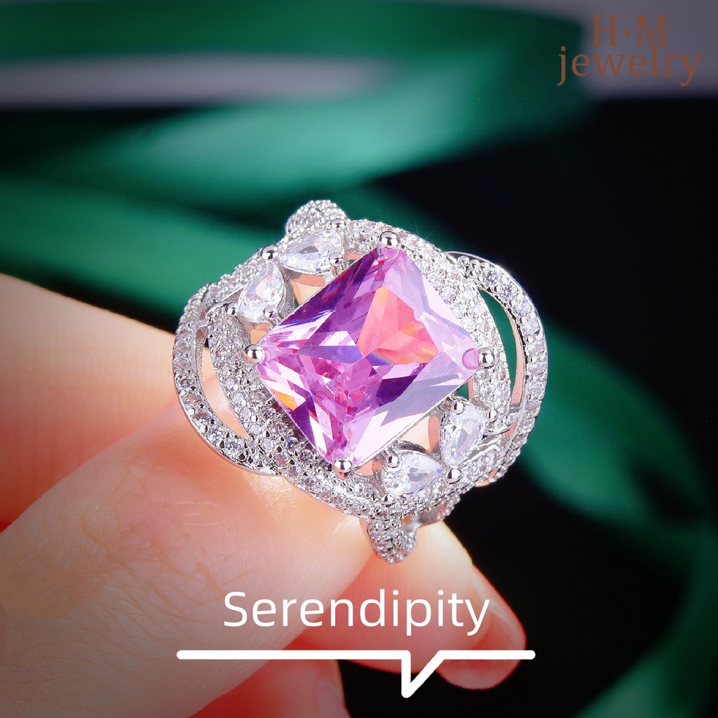 Cincin Sterling Silver 925 Hias Batu Permata Persegi Warna Pink Untuk Wanita