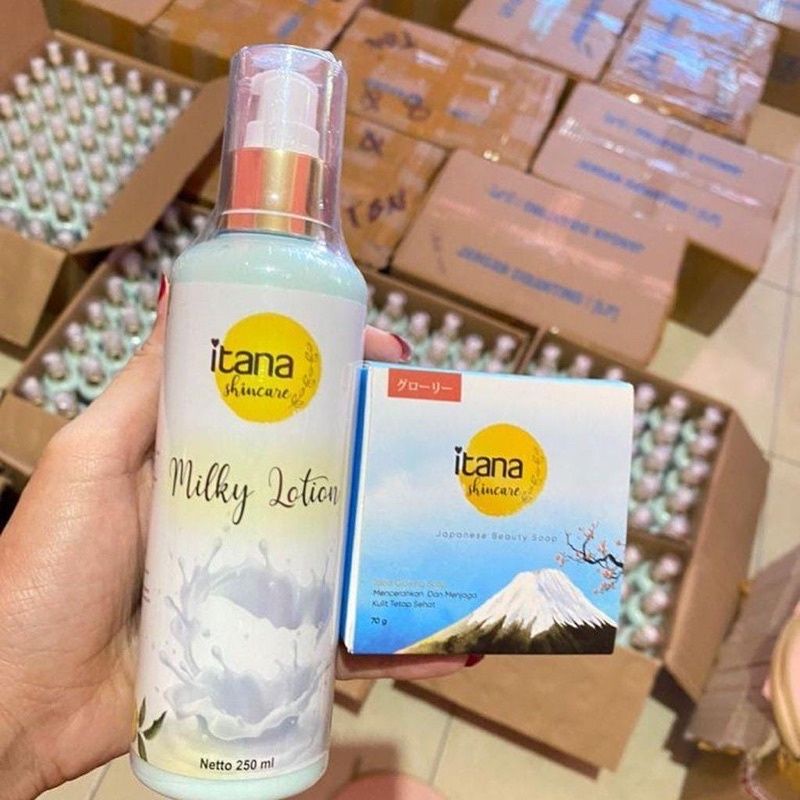 (PAKET) Sabun itana + milky body lotion + toner (free pouch) itana skincare original