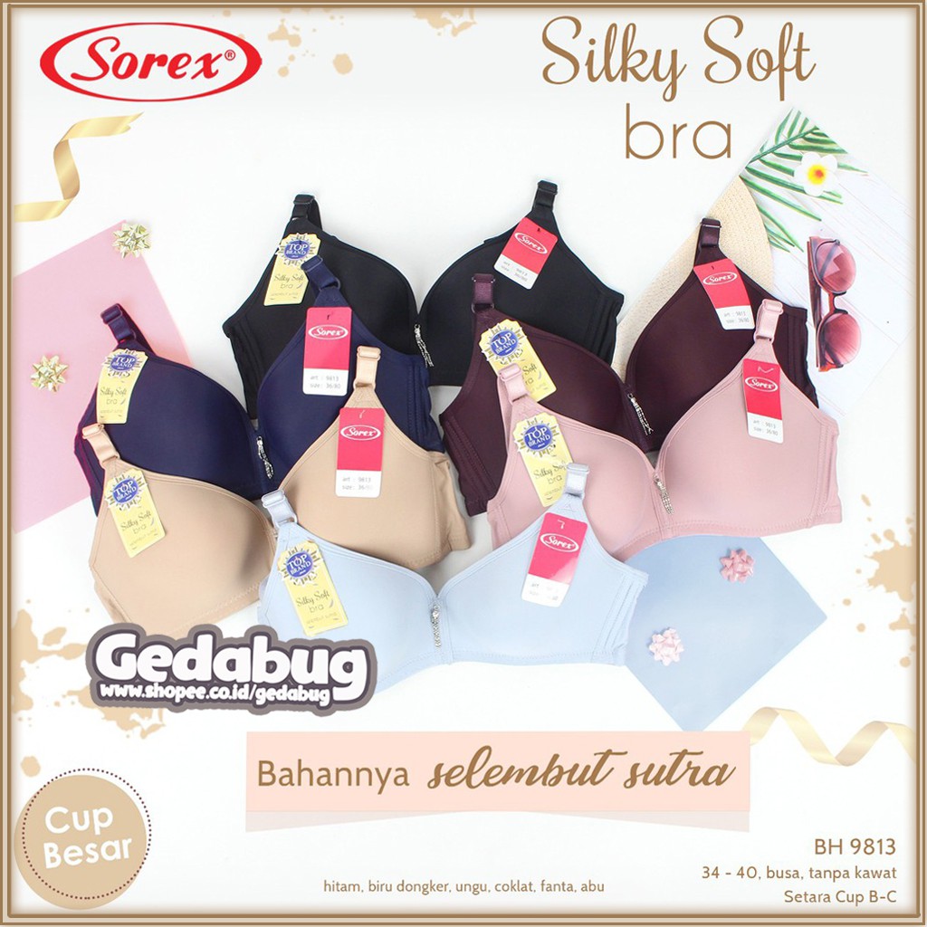 Bra Sorex 9813 Silky Soft Busa Tanpa Kawat Bh Sorex Wanita Kait 3 Nilon Cup B