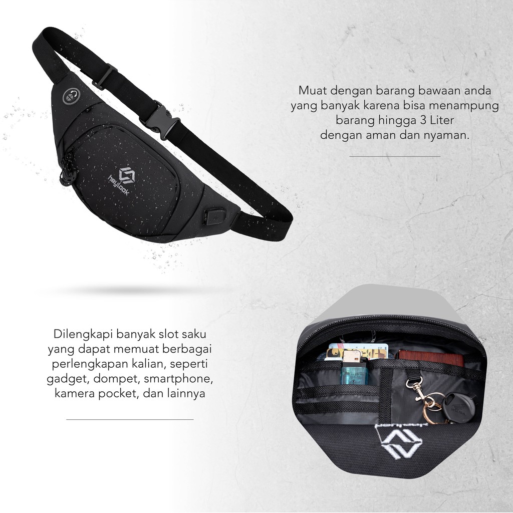 HEYLOOK Project - Waist Bag LUCIO Waterproof Tas Selempang Pria Slingbag USB Connector Anti Sobek Anti Maling Anti Air Sling Bag Cowok Distro Tas Pinggang Terbaru