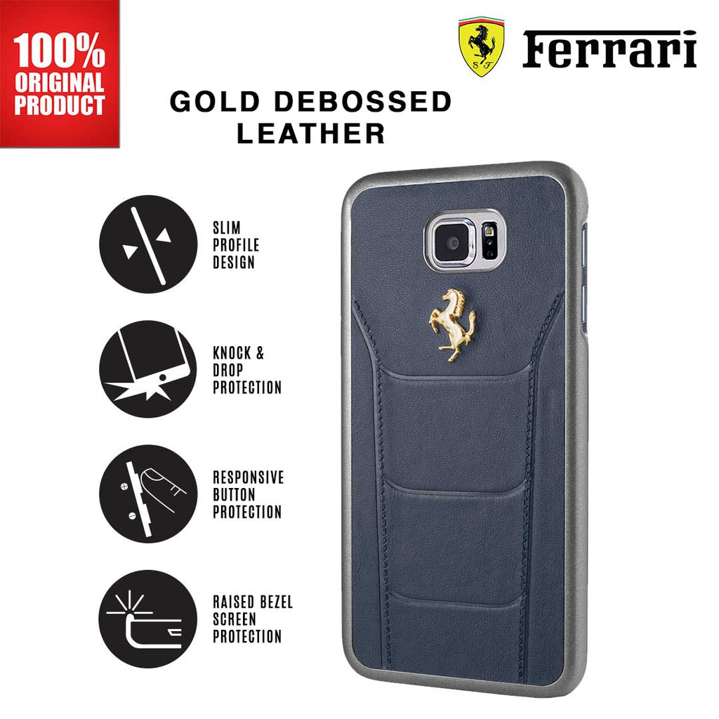 Ferrari - Gold Debossed Leather - Case / Casing Samsung Galaxy Note FE - Blue