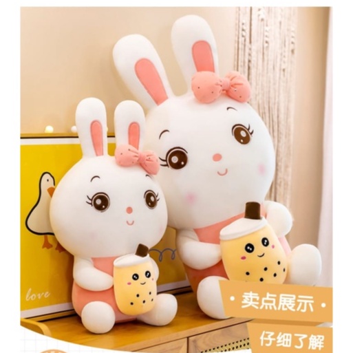 Boneka Bunny pegang bubble tea bahan plush